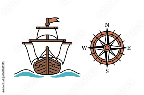 Cartoon Illustration of a Majestic Sailing Ship on Sunny Seas