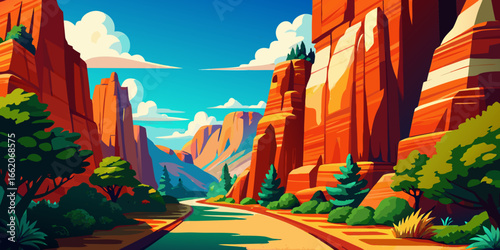 Vibrant panoramic landscape of a red rock canyon at sunset, with a scenic view of majestic mountains, clouds, and desert