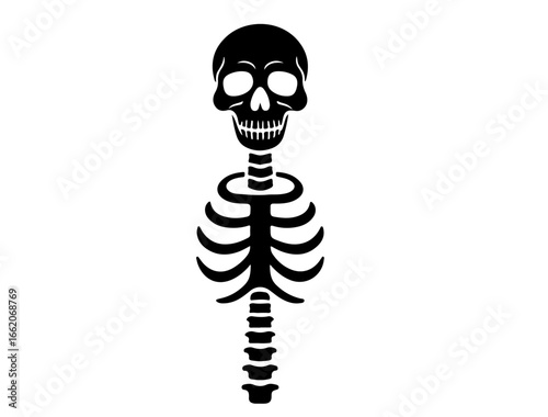 Black icon silhouette of skeletal system with skull and vertebrae