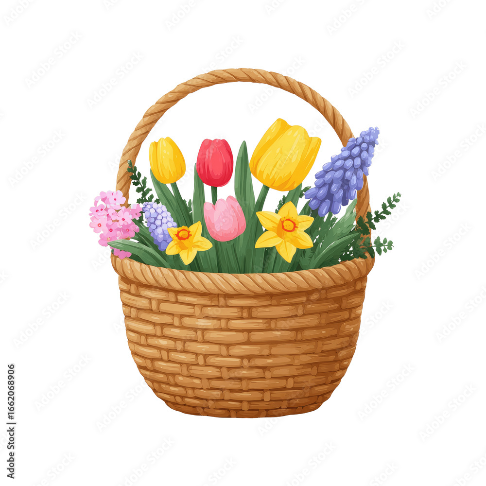 Obraz premium Spring Flowers in a Wicker Basket - Vibrant