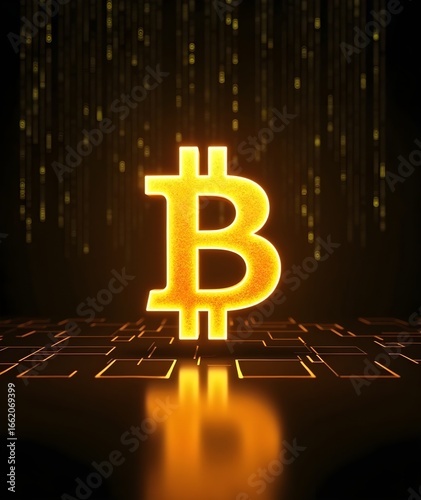 Bitcoin cryptocurrency blockchain symbol glowing on dark grid