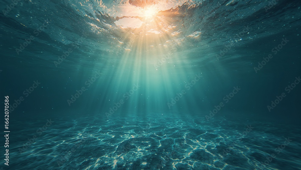 Fototapeta premium Sunlight beams piercing through clear turquoise ocean water from above