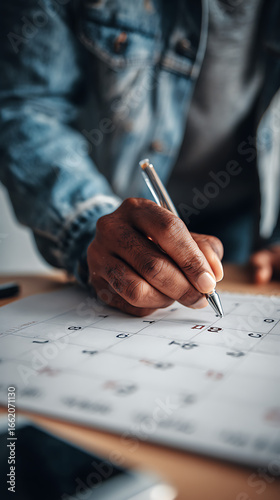 Close up of a person's hand writing on a calendar with a pen marking a date planning