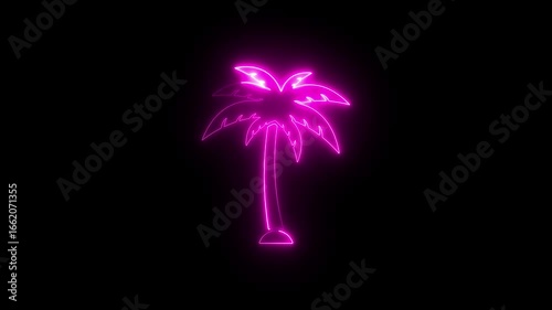  neon palm tree swaying in night breeze, illuminated tropical vibes in vibrant blues and pinks
