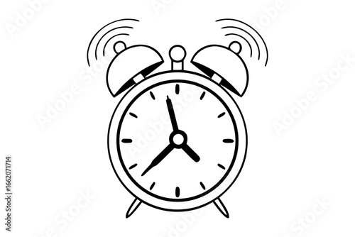 Alarm clock illustration Classic timekeeping device in black and white, depicting the concept of waking up, punctuality, and schedule.