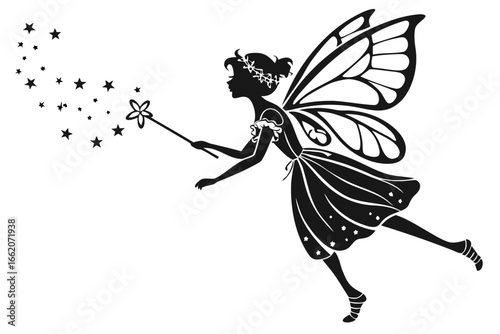 Black silhouette of a charming flying fairy with butterfly wings, holding a magic wand and creating stars. Vector fantasy illustration isolated on white.