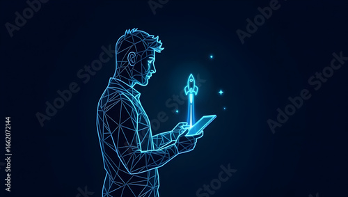 Wireframe Businessman with Tablet Launching Rocket – Vector Illustration