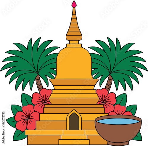Golden stupa surrounded by tropical foliage and a water bowl palm