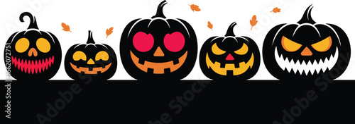 Five carved pumpkins with spooky faces and autumn leaves halloween.