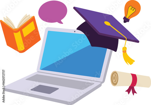 Graduation cap laptop book lightbulb diploma speech bubble education learning.