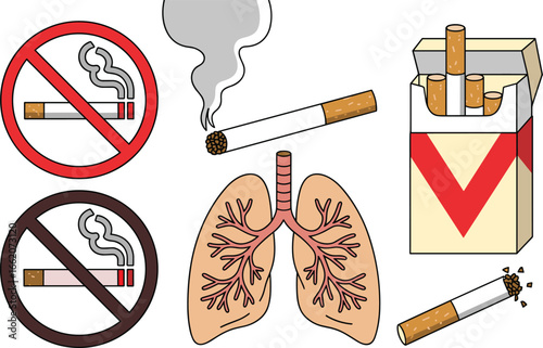No Smoking signs lungs cigarettes pack and broken cigarette vector illustration, transparent background.