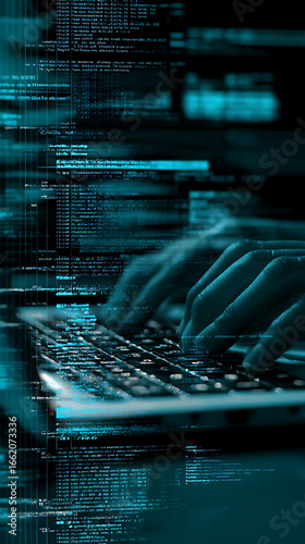 Close up of hands typing on a laptop keyboard with glowing blue digital code overlay computer