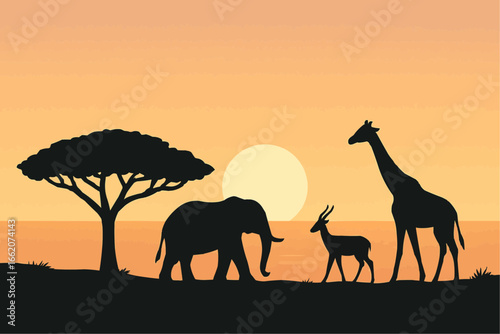 A majestic giraffe stands in silhouette against a vibrant orange sunset on the African savanna