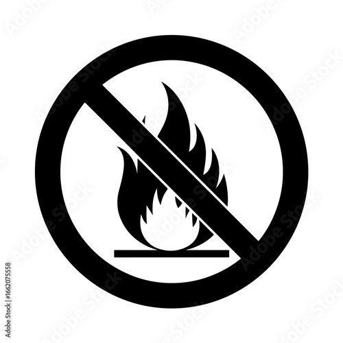 No fire sign flame forbidden symbol warning flammable safety prohibited black and white vector graphic