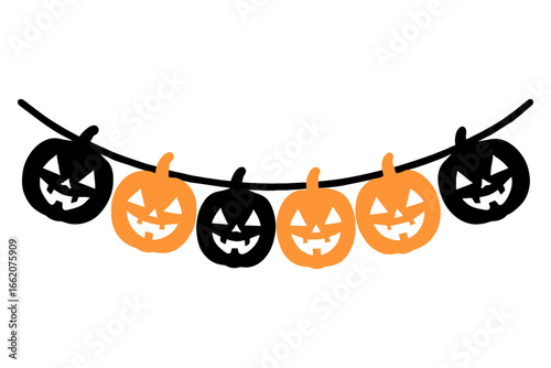 Halloween garland with black and orange jack o lantern pumpkins, festive decoration