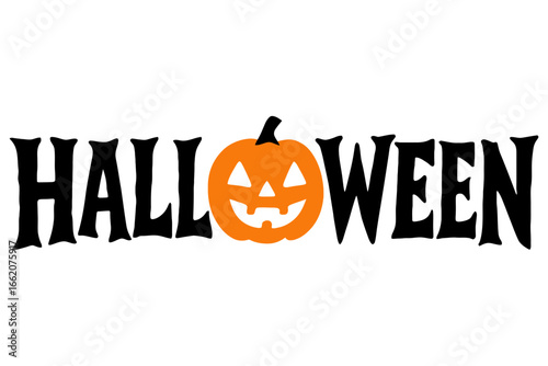 Halloween text design with orange jack o lantern pumpkin as letter O, spooky typography