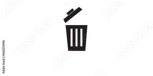 Simple black trash can icon with an open tilted lid representing deletion and disposal.