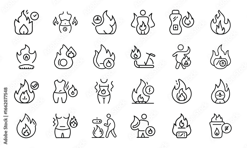 Fototapeta premium Fitness and Gym Outline Icons Set – Workout, Exercise, Dumbbell, Yoga, Running, Cycling, Treadmill, Smartwatch, Nutrition, Health, and Sports Equipment Vector Pack