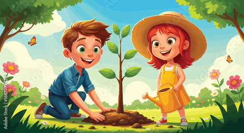 Cartoon illustration of two happy children, a boy and a girl, planting a young tree sapling together in a sunny spring garden for Earth Day.