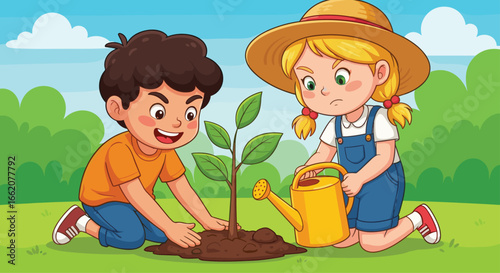 Cultivating Tomorrow Joyful children plant a vibrant young tree, symbolizing growth, environmental care, and the shared responsibility for a greener future.