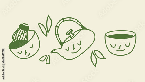 Outline set with cups and teapot featuring funny faces, matcha, and green tea elements. Perfect for cafes, tea brands, children’s products, and playful, friendly tea-themed designs.