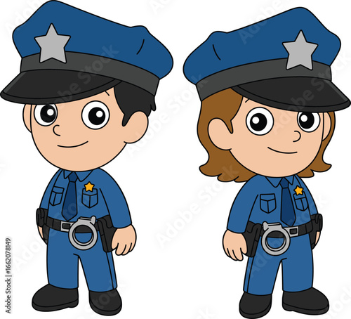 Cute cartoon police officer characters, a boy and a girl in blue uniforms. Vector illustration set of law enforcement professionals for kids.