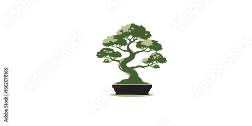 Stylized illustration of a green bonsai tree with a twisted trunk in a dark pot.