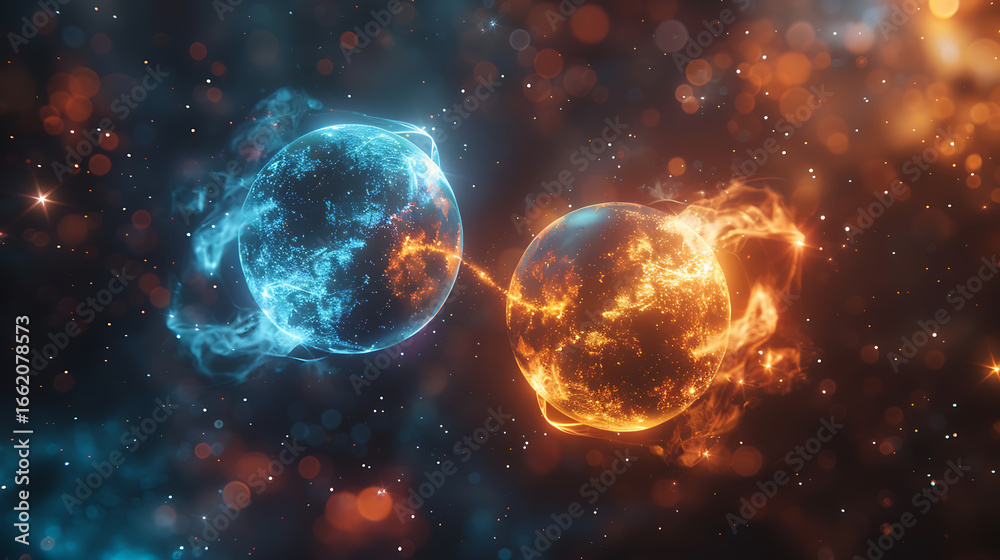 Obraz premium Collision of blue and orange energy spheres in space