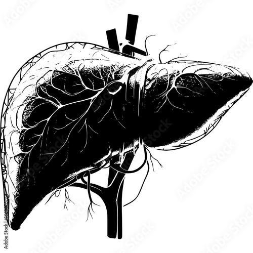 Human Liver Anatomy: A stark, detailed illustration of a human liver, showcasing its intricate network of vessels and structures, offering a clear view for medical and educational purposes.