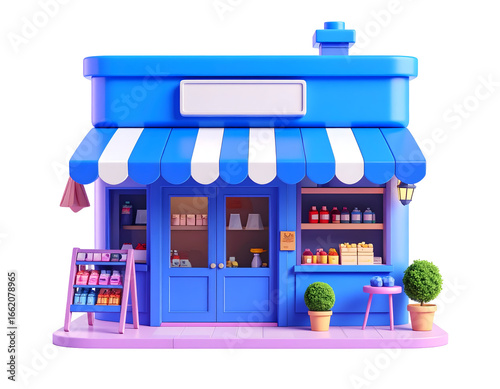 Stylized rendering of a charming small shop with a blue striped awning and inviting outdoor product displays.
