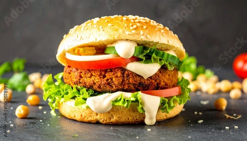 Juicy vegan falafel burger with fresh vegetables and creamy sauce on a dark background, healthy fast food concept