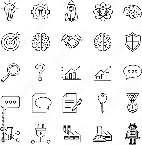 Business innovation and technology outline icons, rocket, handshake, brain, atom, factory, AI robot, research, shield, success