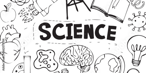 Science Doodle Collage: Black and White Sketch with Biology Physics and Chemistry Elements.