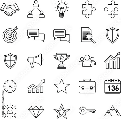 Business and success outline icons set, teamwork, idea, puzzle, goal, communication, shield, award, growth, diamond, key, briefcase