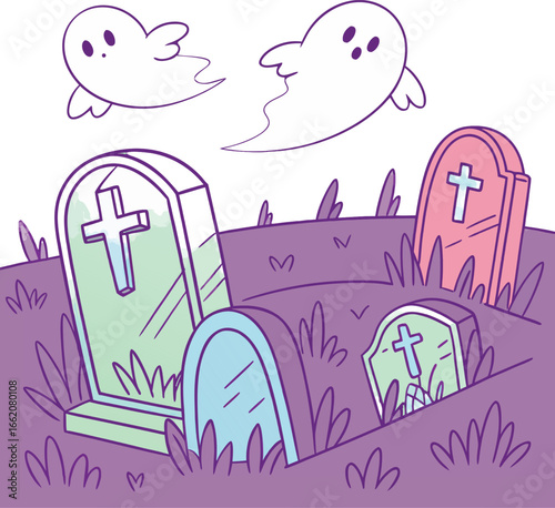 Gentle Halloween Cemetery Scene with Ghosts and Gravestones