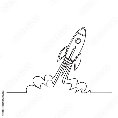 Rocket launch black and white continuous line drawing
