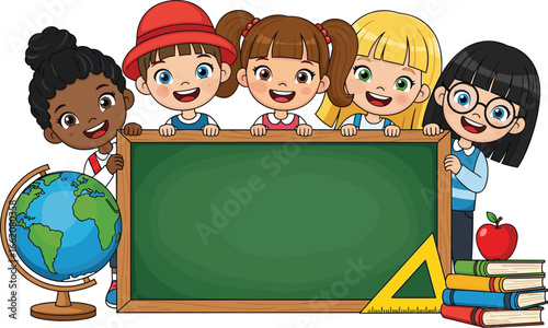 Happy Diverse Kids Holding a Blank Blackboard for Back to School
