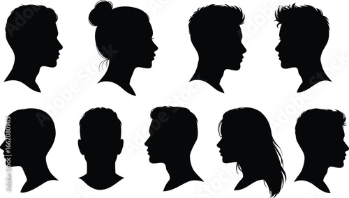 Black head profile silhouettes with diverse hairstyles, vector illustration for fashion, identity, character design, beauty, and hair styling themes