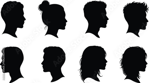 Black head profile silhouettes with diverse hairstyles, vector illustration for fashion, identity, character design, beauty, and hair styling themes