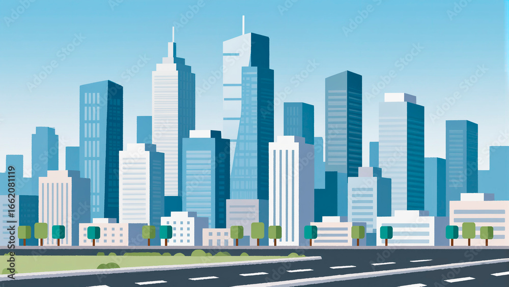 Fototapeta premium Flat illustration of modern city skyline, minimalistic vector design