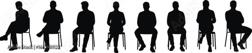 Seated human silhouettes in varied chair postures, black vector illustration for lifestyle, behavior, body language, design, and ergonomic themes