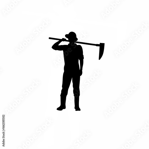 Farmer holding hoe on shoulder, wiping sweat with other hand silhouette on white background