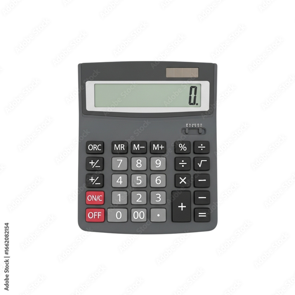 Modern gray digital calculator with clear display and numerous function buttons for office or school use transparent background Modern gray digital calculator with clear display and numerous function buttons for office or school use transparent background