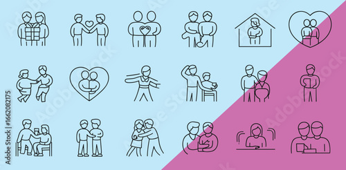 Diverse relationships and affection symbols a collection of linear icons portraying various relationship stages and intimate connection.  