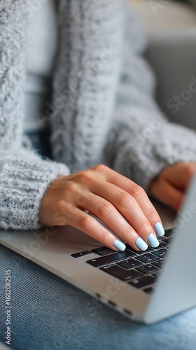 Close-up of a woman's hands with light blue nails typing on a laptop keyboard in a cozy setting computer