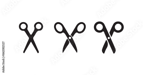 Scissor icon set, black scissor icons arranged horizontally on a white background in a simple graphic design, vector illustration eps 10.