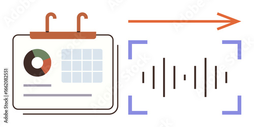Calendar with pie chart and grid design connected to a soundwave icon via an arrow. Ideal for scheduling, time management, productivity, data analysis, workflow optimization, digital transformation