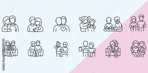 Collection of Vector Line Art Illustrations Depicting Couples in Various Poses and Relationships for Valentine's Day and Love Themes