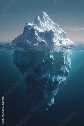 Massive iceberg floating in the ocean, with a split view showing the hidden underwater part.