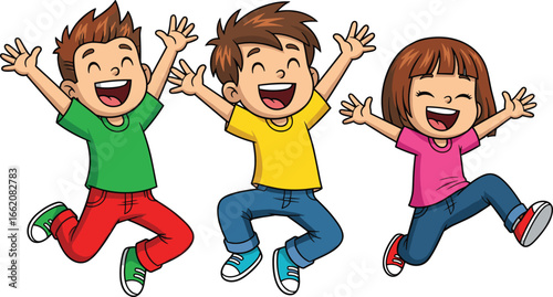 Joyful illustration of three diverse children jumping with excitement and pure happiness, celebrating a moment of childhood glee and fun